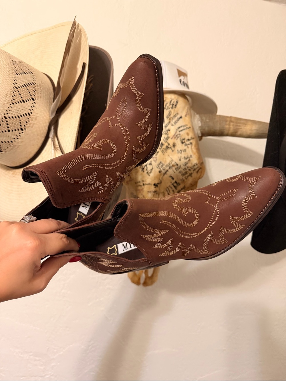 Myra Bag Brown Embroidered Western Slip-On Ankle Boots